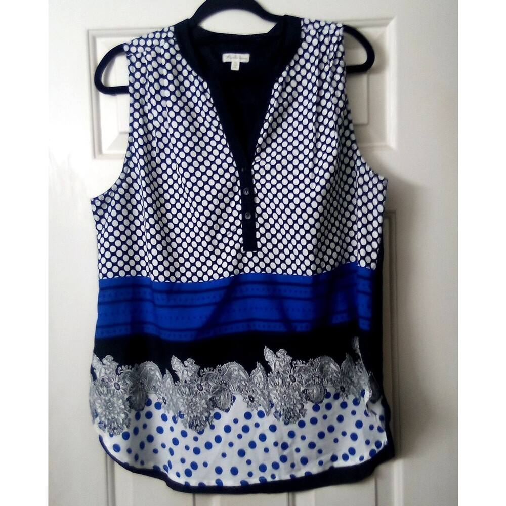 ✨Antilia Femme Sleeveless Blouse Mixed Print Navy Blue White Polka Dot Floral XL